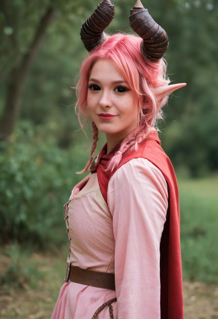 nixie sclera black eyes pink skin freckles pink hair pointy ears horns