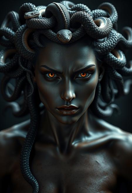 Medium shot of Medusa, beautiful, snakes at the hair, dramatic, (masterpiece, best quality, high quality), hyperdetailed, highres, intricate detail, HDR, 8k, sharp focus, realistic eyes, detailed skin texture, subsurface scattering, realistic, dark, photorealistic,