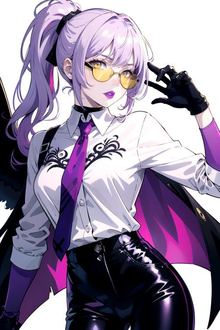 masterpiece, absurdres, best quality ,intricate details , (shiny skin, shiny hair, pale skintone), 1girl , Light purple hair , Ponytail hairstyles, yellow eyes, Pink sunglasses , Evil facial features , evil face , Purple lips , Purple lip colour , white shirt ,Black pants , gloves ,Don't look at the view