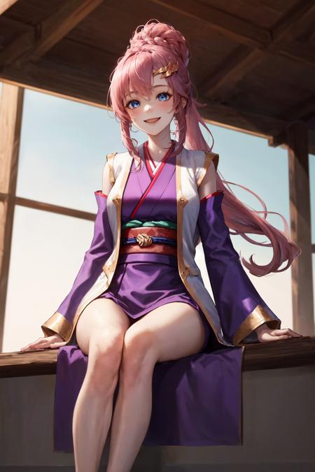 masterpiece, best quality, highres, 1girl lacus clyne pink hair blue eyes, ponytail open clothes vest uniform long sleeves purple sleeves purple kimono japanese clothes <lora:lacus_clyne_anime_remake_white_coat_purple_kimono:1> sitting on ground, smile, hand between legs, arm support