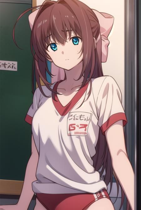 otomeasakura, <lyco:otomeasakura-lyco-nochekaiser:1>,
otome asakura, long hair, brown hair, bow, ahoge, hair bow, pink bow, blue eyes,
BREAK gym uniform, buruma, red buruma,
BREAK looking at viewer,
BREAK indoors, classroom,
BREAK <lyco:GoodHands-beta2:1>, (masterpiece:1.2), best quality, high resolution, unity 8k wallpaper, (illustration:0.8), (beautiful detailed eyes:1.6), extremely detailed face, perfect lighting, extremely detailed CG, (perfect hands, perfect anatomy),