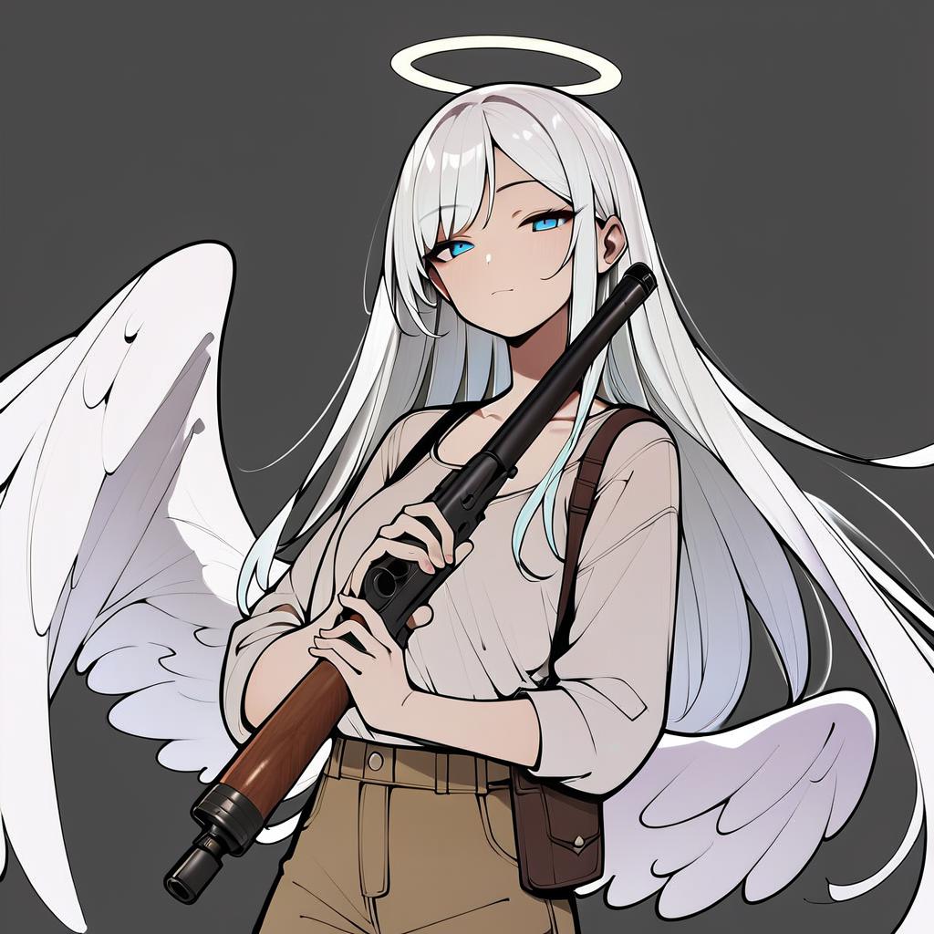 1girl, white hair, halo, angel wings, holding shotgun, casual clothing, narrowed eyes  <lora:LineArt Mono Style LoRA_Pony XL v6:1>, score_9, score_8_up, score_7_up, score_6_up, score_5_up, score_4_up,