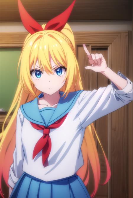 chitogekirisaki, <lora:chitoge kirisaki s2-lora-nochekaiser:1>,
chitoge kirisaki, long hair, blue eyes, blonde hair, ribbon, hair between eyes, very long hair, hair ribbon, multicolored hair, red ribbon, gradient hair, angry, frown,
BREAK skirt, shirt, thighhighs, school uniform, collarbone, white shirt, pleated skirt, necktie, serafuku, sailor collar, red ribbon, blue skirt, blue sailor collar,
BREAK indoors, classroom,
BREAK looking at viewer, (cowboy shot:1.5),
BREAK <lyco:GoodHands-beta2:1>, (masterpiece:1.2), best quality, high resolution, unity 8k wallpaper, (illustration:0.8), (beautiful detailed eyes:1.6), extremely detailed face, perfect lighting, extremely detailed CG, (perfect hands, perfect anatomy),