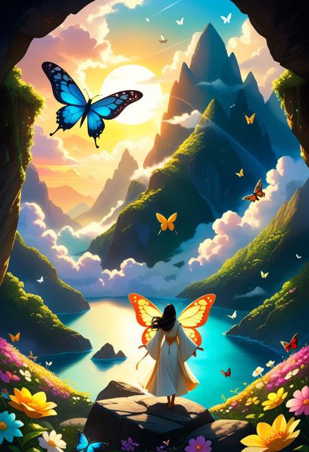 Jed-StickyN, bug, butterfly, cloud, wings, outdoors, sky, scenery, moth, insect wings, sun, black hair, ocean, rock, animal, water, robe, flower, mountain, cloudy sky, fantasy, white butterfly, antennae, bird
epic, majestic, fantasy, dreamy, perspective, moody, magical, light and shadow, religious, mythological themes, magnificent, celestial, ethereal, 
concept-art, adventure, characters, fantasy, whimsy, dreaminess, colorful, digital, illustration, magic, 
beautiful, painterly, detailed, textural, artistic, aesthetic, rich details, 
intricate details, highly detailed, ultra-detailed, absurdres, vivid, vibrant, volumetric lighting, 
aid291, midjourneyv6.1,