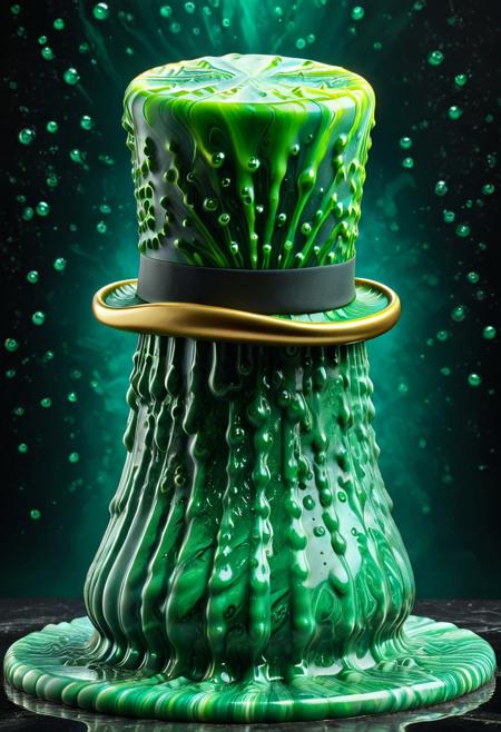 best quality, masterpiece, high resolution, intricate detailed,
(top hat:1.1) made of green Liquid Marble, melting, wavy, bubbles, 
made out of dvr-pckl,
high detail,
gold veins, ethereal, majestic, detailed digital art, close up, ground shot, 
dark background,