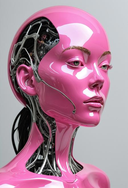 The artwork features a woman with a bionic, ceramic glossy pink face, prominently displayed in a modern minimalist style. The sculpture is skillfully pushed out of the background to create a captivating, front view. It is brightly lit, showcasing the ultra-realistic, futuristic design and attention to detail. The overall aesthetic is inspired by the raw, unadulterated creativity of contemporary art.