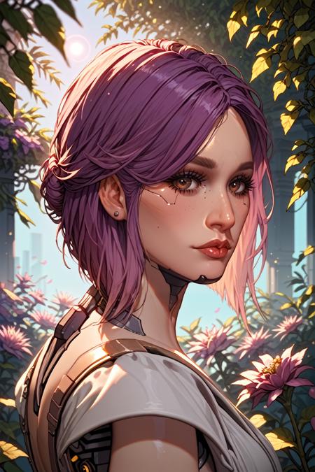 CyberSongbird, 1girl, purple hair, brown eyes, cyberpunk