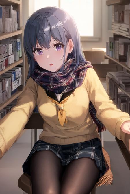 masterpiece, best quality, ultra-detailed, illustration, <lora:ShimaRin:1>, blue hair, bangs, Long hair, detailed purple eyes, long_sleeves, white school_uniform, serafuku, yellow sweater, neckerchief, skirt, black pantyhose, looking at viewer with digust, library, sitting on a chair behind desk, dramatic shadows, organized bookshelf,  detailed plaid skirt, white serasuku sailortie, library, book in hand, page