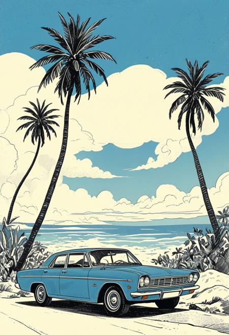 ScribbleRay, black and white, doodle, messy, hard lines, (scribble:1.5), sketch, Drawing, masterpiece, best quality, very aesthetic, absurdres, detailed background, magnificent view, detailed beautiful retro illust, 
blue retro car, Crystal clear sea, palm tree, bluesky, cloud,