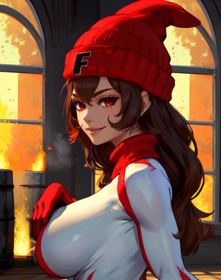 Heat, brown hair, red eyes, white and red body suit,   red beanie with letter F, gloves, 
solo, standing, upper body,  smile,    from behind,  large breasts, 
windows, flame barrels, indoors, 
 (insanely detailed, beautiful detailed face, masterpiece, beautiful detailed eyes, best quality)
 <lora:heat-10v6:0.7>