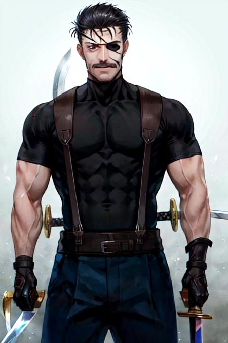 realistic, 1boy, <lora:Chara_king_bradley:0.9>, smile,sword, eyepatch, black shirt, Suspenders