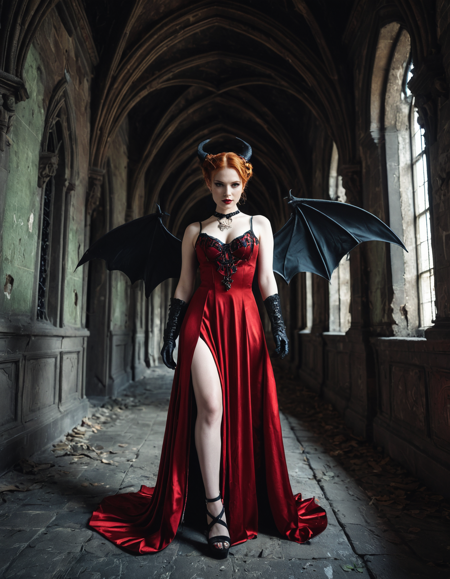 Long exposure photo of (bewitching succubus with demonic horns, bat wings, demon tail) young woman, lithe build, short ginger double buns hair, german, fair skin, olive green eyes, wearing a deep red modern gown with gothic motifs , strappy sandals, smoky eyeshadow,sharp eyeliner, silk gloves,enchanted amulet, set in a gothic castle, featuring dark halls, crumbling walls, sinister portraits, and hidden chambers . Blurred motion, streaks of light, surreal, dreamy, ghosting effect, highly detailed