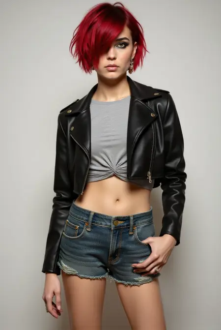 Cropped leather Jacket and jean shorts