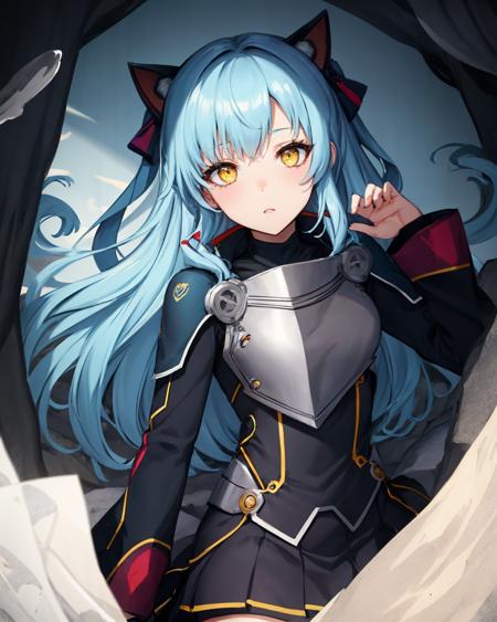 best quality, (masterpiece:1.2), illustration, absurdres,
(1girl, solo), (beautiful detailed girl),
<lora:TioZero:0.9>,  Tio Plato, yellow eyes, aqua hair, long hair, two side up, small breasts, 
fake animal ears, 
black dress, breastplate,  pleated skirt, black thighhighs, grey boots,
looking at viewer, 
(inside a mysterious mystical cave with colorful plants),  (fantasy:1.2), (floating dust particles) (stalagmites and rock formations), sky and clouds visible from hole in roof, godrays, raytracing,
((on back)), (upper body, portrait),