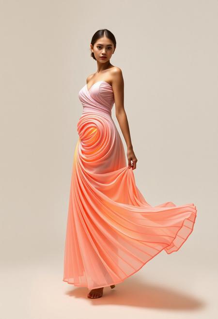 (nubile young woman:1.3), wearing (dress formed from a single large spirograph shape:1.6), (spiral structure elegantly wrapping the body:1.5), (smooth curves in fabric flow), (light, delicate texture:1.3), (minimalist design), (symmetrical spiral composition:1.4), (soft glowing highlights along edges), (light wind effect on dress movement), (vivid but subtle color gradient:1.2), (graceful pose), (bare background or gallery space), (no accessories for simplicity), (realism:-1.5), (photorealism:-1.4), (blurry shapes:-1.3), (flat textures:-1.2), (bulky fabric:-1.4), (oversaturated colors:-1.2)