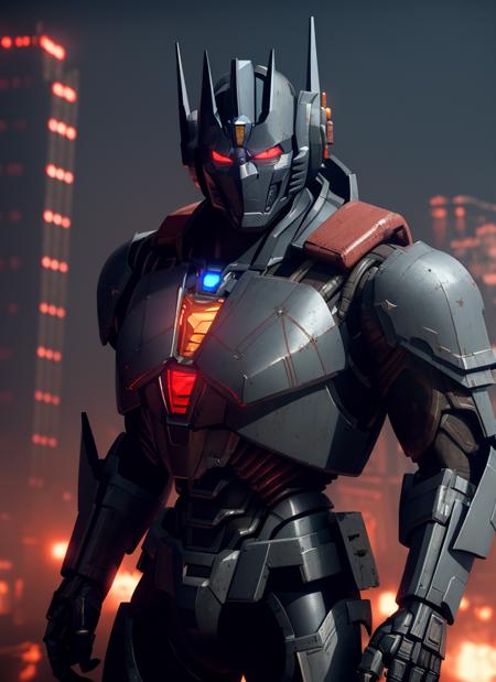 (night scene), upper body portrait of giant opt-6000 with mouthplate standing in battle pose with a gun in his hand, detailed aesthetic mecha design, (blue:0.7) and (red:0.5) (rusty metal), sharp edges and cuts, crisp lines, looking at viewer, highres, superb, very detailed, intricate, unreal engine 5, volumetric lighting, realistic, realistic lighting, cinematic, 4k, cinematic lighting, ruined city background, smoke, stop motion, hyperfocus, tonemapping, sharp focus, hyper detailed, particles and sparkles, dark atmosphere