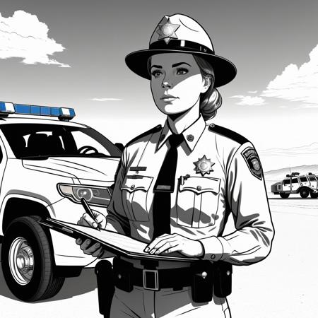 a female state trooper in combat uniform writing on a clipboard. Her police vehicle can be seen behind her.
lineart, LineAniAF