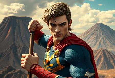 Create a highly detailed, lifelike image of Comics Hero Legend Arthur in a superhero pose, with a dormant volcano background. The image should be inspired by the styles of Nara Yoshitomo, Artgerm, Greg Rutkowski, and Alphonse Mucha. The technical specifications are: 8k resolution, cinematic, full width, no watermark signature, and a golden ratio composition. The subject should have a fair complexion, with a focus on fine details and intricate shading. The style should be a blend of sci-fi and cyberpunk elements, with a sense of elegance and refinement. The image should be created with a Canon 2.0 mm lens and inspired by the works of Nam June Paik.