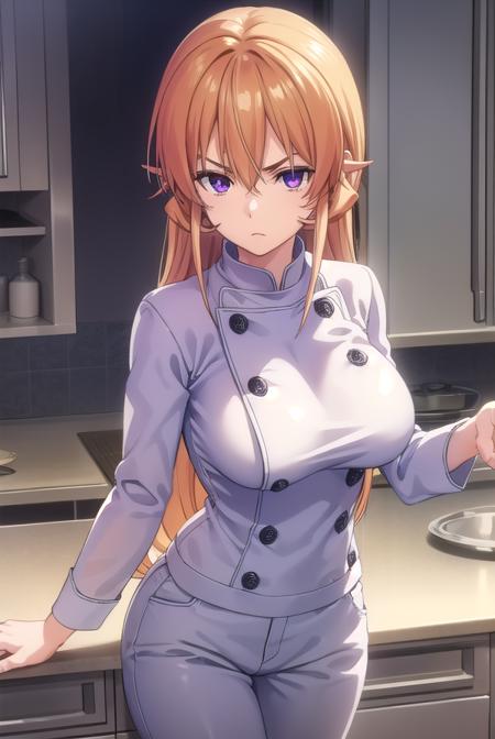 erinanakiri, <lora:erina nakiri s1-lora-nochekaiser:1>,
erina nakiri, long hair, orange hair, (purple eyes:1.1), hair between eyes, frown, angry,
BREAK pants, white pants, chef, long sleeves, sleeves rolled up,
BREAK indoors, kitchen,
BREAK looking at viewer, (cowboy shot:1.5),
BREAK <lyco:GoodHands-beta2:1>, (masterpiece:1.2), best quality, high resolution, unity 8k wallpaper, (illustration:0.8), (beautiful detailed eyes:1.6), extremely detailed face, perfect lighting, extremely detailed CG, (perfect hands, perfect anatomy),