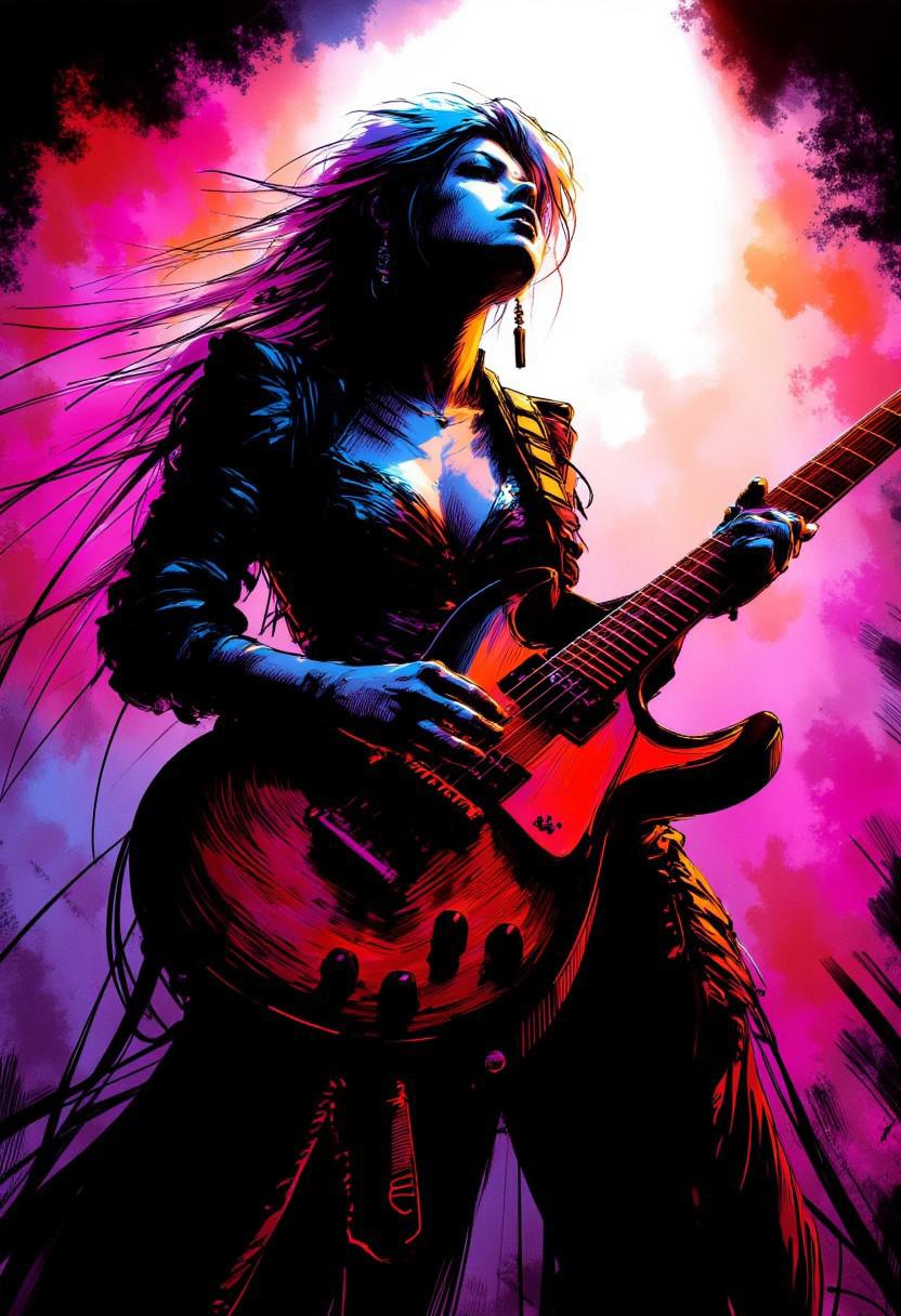 silhouette art, ck-rw, in the style of ck-rw,, Female japanese heavy metal guitarist playing guitar on stage, long flowing platinum hair, earrings, dark eyeshadow red lips, Gibson Flying V guitar with black and orange flame livery, sexy aura, cleavage, silhouetted light hitting one side of her, inksketch