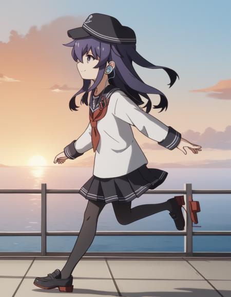 akatsuki, long hair, hair between eyes, purple eyes, purple hair, akatsuki (kancolle) skirt, shirt, long sleeves, hat, school uniform, pantyhose, pleated skirt, serafuku, black skirt, sailor collar, neckerchief, black pantyhose, red neckerchief, anchor symbol, flat cap,