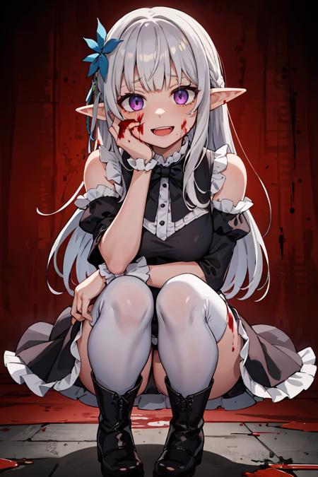 (masterpiece), best quality, high resolution, extremely detailed, detailed background, cinematic lighting, outdoor, 1girl, elf, medium hair, silver hair, crossed bangs, purple eyes, medium breasts, white shirt, black dress, drastic hair ornaments, skirt, frills, lace rims, frilled sleeves, frilled skirt, thighhigh, ankle boots, yandere, yandere face, shaded face, crazy eyes, glowing eyes, crazy smile, blood, blood on face, blood on clothes, hands on own cheeks