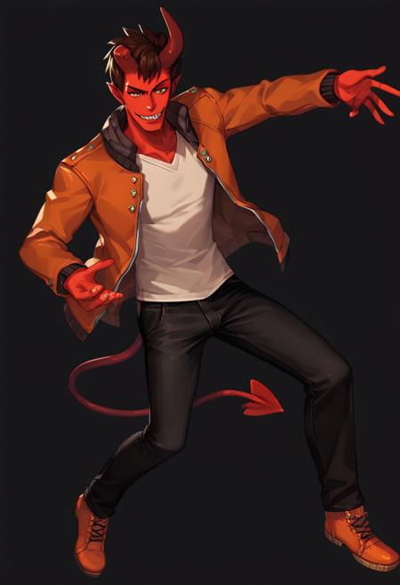 1boy, demon boy, red skin, yellow eyes, demon horns, demon tail, brown hair, orange jacket, black pants, white shirt, orange shoes