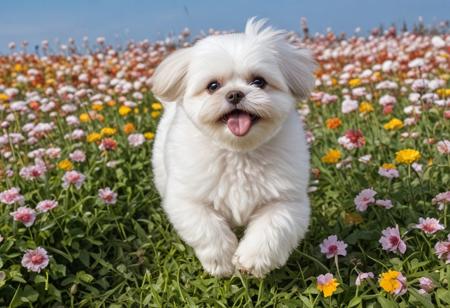 Masterpiece, highres. Highly detailed. Close-up photo of white  shih tzu puppy running through field of colorful flowers, fluffy fur, huge flowers, big eyes. cute, happy, joy. The sun is shining. Blue sky with fluffy clouds. aidmaMJ6.1