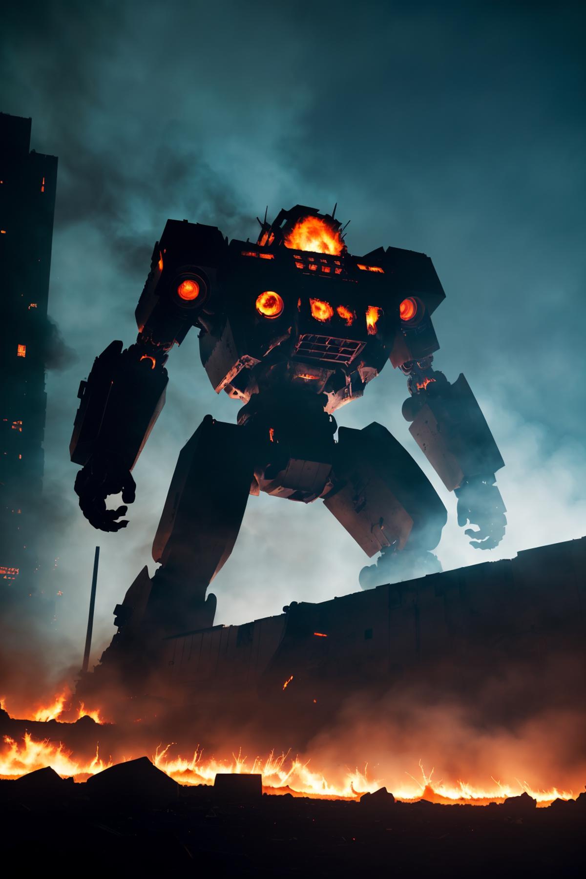 A robot with glowing red eyes and a fire in its chest stands on a building.