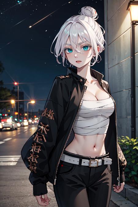 1girl, solo, short hair, white hair, floating hair, ahoge, hair between eyes, colored eyelashes, aqua eyes, high collar, black jacket, hooded jacket, zipper pull tab, long sleeves, sleeves past wrists, bare legs 1girl, solo, short hair, white hair, floating hair, ahoge, hair between eyes, colored eyelashes, aqua eyes, serafuku, sailor collar, red neckerchief, shirt, short sleeves, midriff, pleated skirt, blue skirt 1girl, solo, short hair, white hair, hair bun, hair between eyes, colored eyelashes, aqua eyes, cleavage, sarashi, bandages, black jacket, open clothes, long sleeves, midriff, belt, black pants