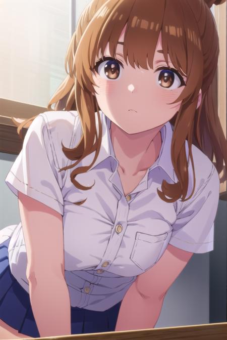 moekosekine, <lora:moeko sekine s1-lora-nochekaiser:1>,
moeko sekine, long hair, skirt, brown hair, (brown eyes:1.5), hair bun, single hair bun, sidelocks,
BREAK skirt, shirt, school uniform, white shirt, short sleeves, pleated skirt, collared shirt, blue skirt,
BREAK indoors, classroom,
BREAK looking at viewer, (cowboy shot:1.5),
BREAK <lyco:GoodHands-beta2:1>, (masterpiece:1.2), best quality, high resolution, unity 8k wallpaper, (illustration:0.8), (beautiful detailed eyes:1.6), extremely detailed face, perfect lighting, extremely detailed CG, (perfect hands, perfect anatomy),