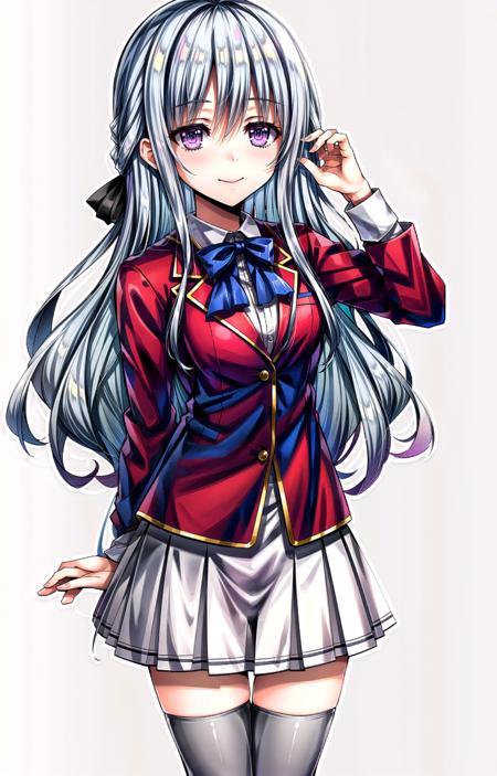 (masterpiece, top quality, best quality, official art, beautiful and aesthetic, picture-perfect:1.4), 1girl, solo, Hiyori, (looking at viewer, full body shot, standing:1), (light blue hair, bluish silver hair, light blue colored hair, blue hair, grey hair, flowing hair, black hair ribbons:1.2), (purple eyes, shining purple eyes:1.3), [smile, closed mouth:1.2], [medium breasts:1], (Hiyori School, school uniform, red blazer, red jacket, white dress, white skirt, pleated skirt, blue bow, grey thighhighs, Zettai Ryouiki:1.15), (simple background:1.4),  <lora:HiyoriLora-15:.7>, <lora:more_details:.75>,