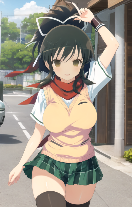 masterpiece, best quality, 
asuka_sk, asuka_kunoichi_uniform, 1girl, short hair, ponytail, large breasts, wide hips, red scarf, hair ribbon, white ribbon, arm guards, light brown sweater vest, pleated skirt, green short skirt, black thighhighs, closed mouth, smile, happy, cowboy shot, front view, wooden wall, ultra-detailed, anime, senran kagura, 8k <lora:Asuka_SK_1_1-10:1>