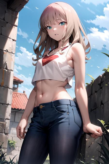 <lora:DynazenonMinami-11:1>, pants, crop top, best quality, masterpiece, highres