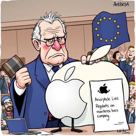 A political cartoon depicting the European Union as a stern, authoritative figure (like a judge or bureaucrat) holding a large gavel labeled "Regulations" or "Antitrust". In the foreground, depict Apple as a large, defensive company represented by an oversized apple logo, looking nervous or overwhelmed. The setting could be a courtroom or a government office, with the EU figure pointing to a document titled "New Tech Rules" or "Digital Markets Act". Surrounding elements might include smaller tech companies or consumers cheering in the background, symbolizing support for the EU﷿s actions.