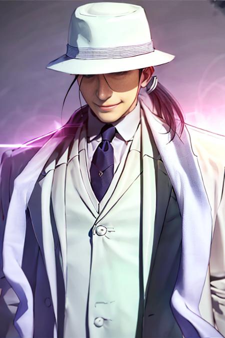 1boy,ponytail, <lora:Chara_kimblee:1>,( upper body:1.2),  white suit, smirk, hat, EXPOSURE