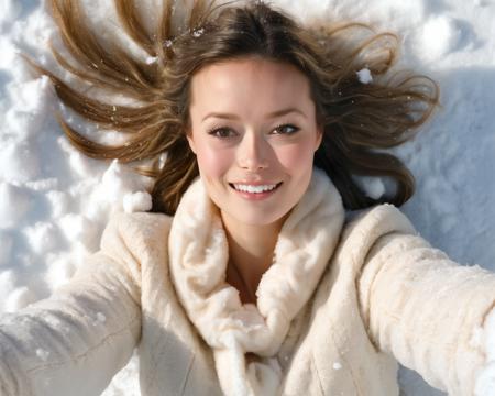 summer_glau, woman lying in snow, covered in snow, smiling, lying on her back, picture taken from above, upper body, arms spread, snow angel, exploding snow cloud, perfect snowy photography, muted colors, stunning, cloudy, fluffy, static charge, snowy portrait, <lora:SummerGlauXL:1>, ((perfect eyes, detailed eyes,realistic eyes)), ((sharp face, detailed face, realistic face, naturtal skin, realistic skin, detailed skin, pores))