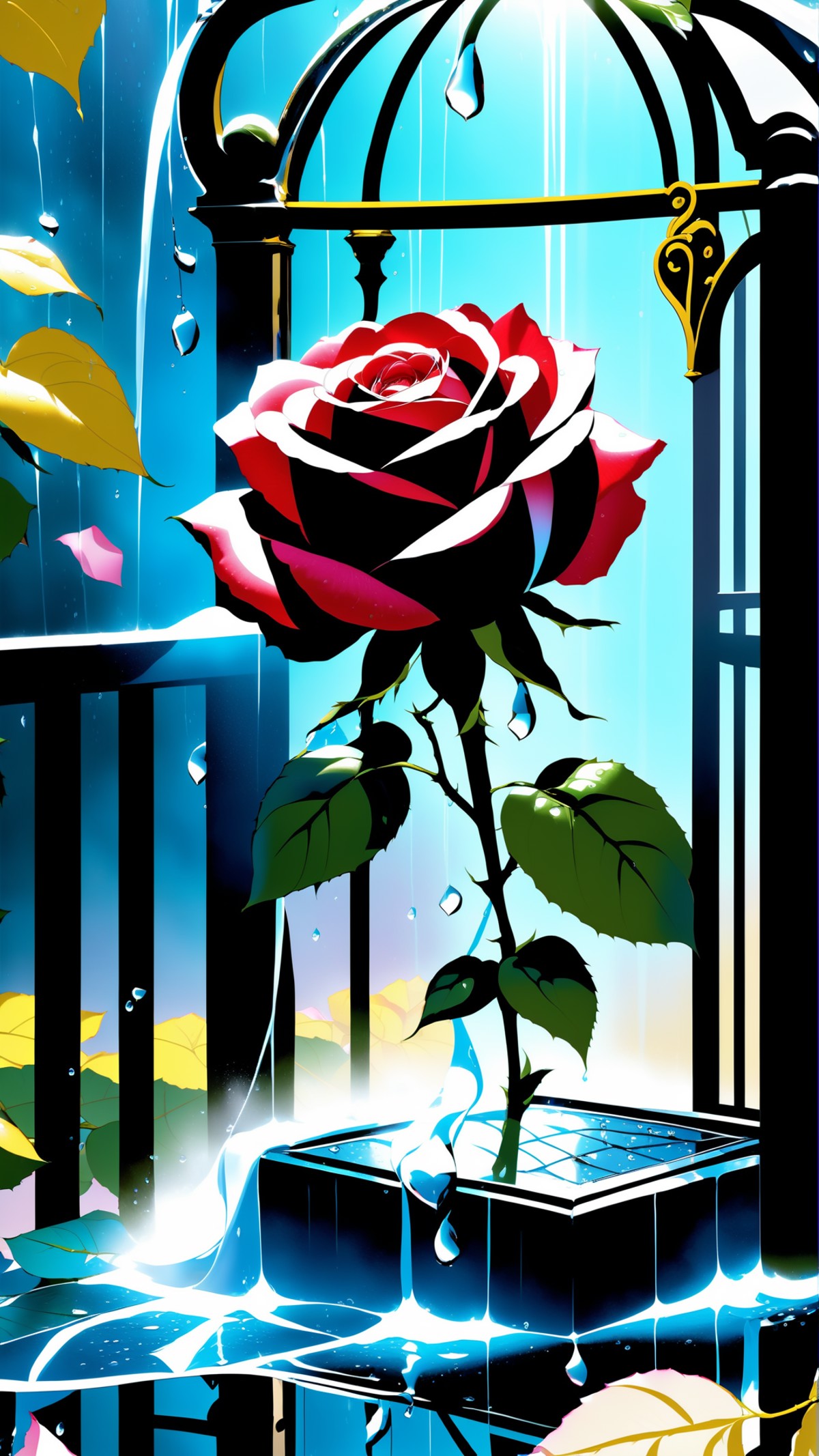 <lora:xl_yamer_style-2.0:1>, 1male, muscular, ((rose)), (vine), cage, bandage, red rope, (detail light), falling rose peta...