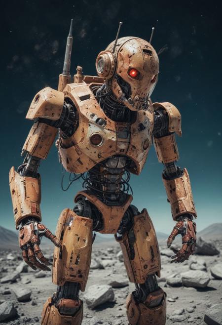 fisheye lens (fisheye view) photograph, ((Devil-Mech robotic assasin warrior on the moon)), militaristic echo image, blood splatters, emblem, echo image, sidelit, masterpiece from a different dimension, film grain, noise offset,  <lora:add-detail-xl:1>  candid photography, Getty Images quality photograph, cute and endearing photograph contrasted by violent mania , double exposure, multiple-exposure photograph, UHD, very slow shutter speed to capture motion, experimental coloured lighting, experimental angles, strong fisheye-lens/ intense fisheye-view photograph, intricately detailed, very detailed background, realisticvision-negative-embedding, realisticvision-negative-embedding, epiCRealism