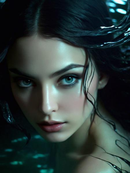([concept: siren]), (masterpiece:1.4, best quality, realistic), (intricate details), unity 8k wallpaper, ultra detailed, beautiful and aesthetic, (surrealism:1.2), submerged, ((reflective surfaces)), (play of light and shadows), surreal elements, captivating water textures, dark color palette, impactful details, (dramatic composition), ((expressive eyes)), glistening droplets, flowing hair, sublime curves, enchanting atmosphere, ((masterful use of light and shadow)), ((unique perspective)), visually striking contrasts, seamless blending of elements, sublime beauty, unforgettable visual experience, ((award-worthy craftsmanship)), mermaids, fish tail, long green hair, shoulder length hair,  <lora:DonMn1ghtm4reXL:1> , (gloomy), (yinan), upper body, bust, ((portrait)), close up, levitating,