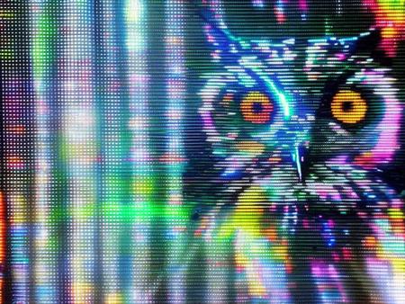 cinematic movie extreme close-up still of an epic scene of a owl, cinestill 800t, cinematic lighting, forgotten, glitch