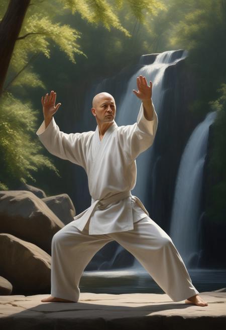 a Caucasian Zen practicing tai chi, wearing a judogi, in Yang position, sunny exterior, forest and waterfall background, 16k, masterpiece, highly detailed photo-realistic oil painting by Greg Rutowski, cinematic lighting