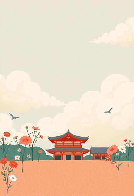 Seeking Peace From Worldly Endeavors,cloudy sky, John Holcroft style, whimsical floral scenes, Kengo Kuma influence, light silver and light red tones, minimalist illustration, CFA Voysey aesthetic, linear elegance, soft color palette, delicate linework, architectural harmony, nature-inspired design, subtle textures, refined composition, storytelling through simplicity