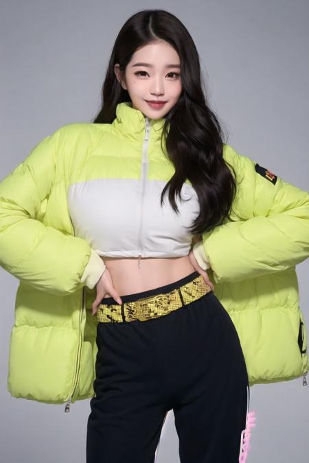 Jang Wonyoung, 1girl, black hair, brown eyes, cowboy shot, gradient, gradient background, hands on hips, jacket, lips, long hair, long sleeves, looking at viewer, nose, smile, solo, standing, yellow background