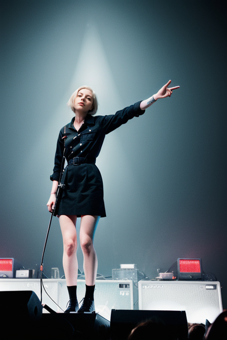 MollyRankin, photography by ((Anton Corbijn:1.3)), light blue 1950s sheath dress, concert stage, rock concert, playing electric guitar, singing into microphone on microphone stand, seen from high angle