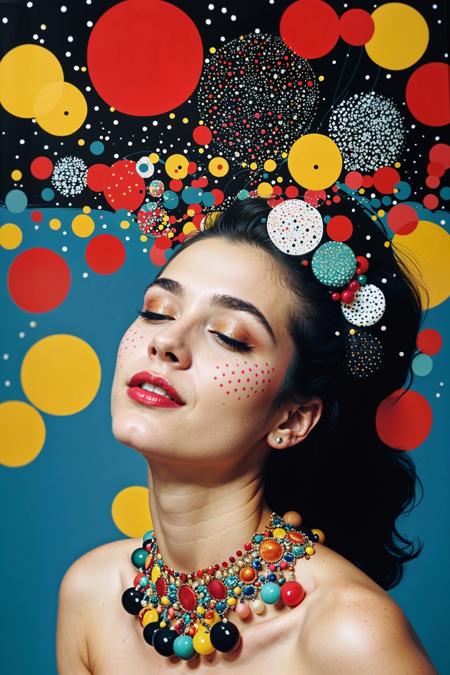 Create an artistic portrait of a woman, a photograph of an eclectic constellation, her serene face adorned with bright, multicolored polka dots against a deep black backdrop. Her closed eyes are accented with vivid blue eyeshadow reaching up to her arching eyebrows, adding a theatrical touch to the composition. The polka dots, in a playful array of reds, blues, yellows, interspersed with white and black, cascade over her skin, down her neck, and onto her shoulders, suggesting a whimsical dance of color and light. Brilliantly intertwine patterns, textures, and vibrant hues, echoing Richard Avedon's avant-garde glamour in an astral setting. Evocatively fragmented, with precise geometry and limitless depth,  OverallDetail