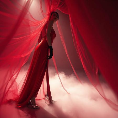 noble norvegian femme fatal lady  posing standing wearing evening GLOSSY THIN RED slime high slit gown, GLOVES  and high heels,   entrapped in  giant long waving  ultrathin transparent fisnet veils, surrounded by  fog from the floor, captured in light beam from celling,  breeding chamber,  ultrathin waisym reminiscent of H.R. Giger, Zdzisław Beksinski, and Ash Thorp's dark, sleek styles, with close-up glamour photography, glossy satin and silver heels glistening, fleshy slime dripping, and dark shadows.