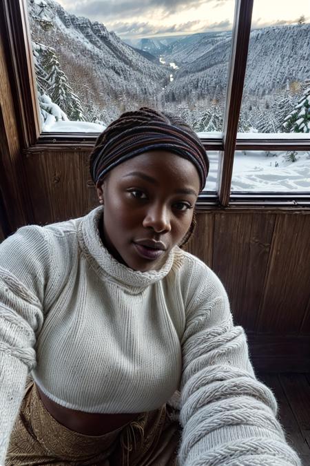 (ffc selfie), (pov selfie photo) ,(Congolese (DRC) (21yo woman) (Eleanor Mia)), Back to the camera, head turned to cast a look over the shoulder, highlighting the back curve, hard shadows, cinematic shot, dramatic lighting, (Bohemian headband braid), (at A cozy, rustic mountain chalet with a view of the snow-covered peaks),  <lora:add_detail:1.5>,  <lora:ffc selfie:1>, (beautiful hands, five fingers)
