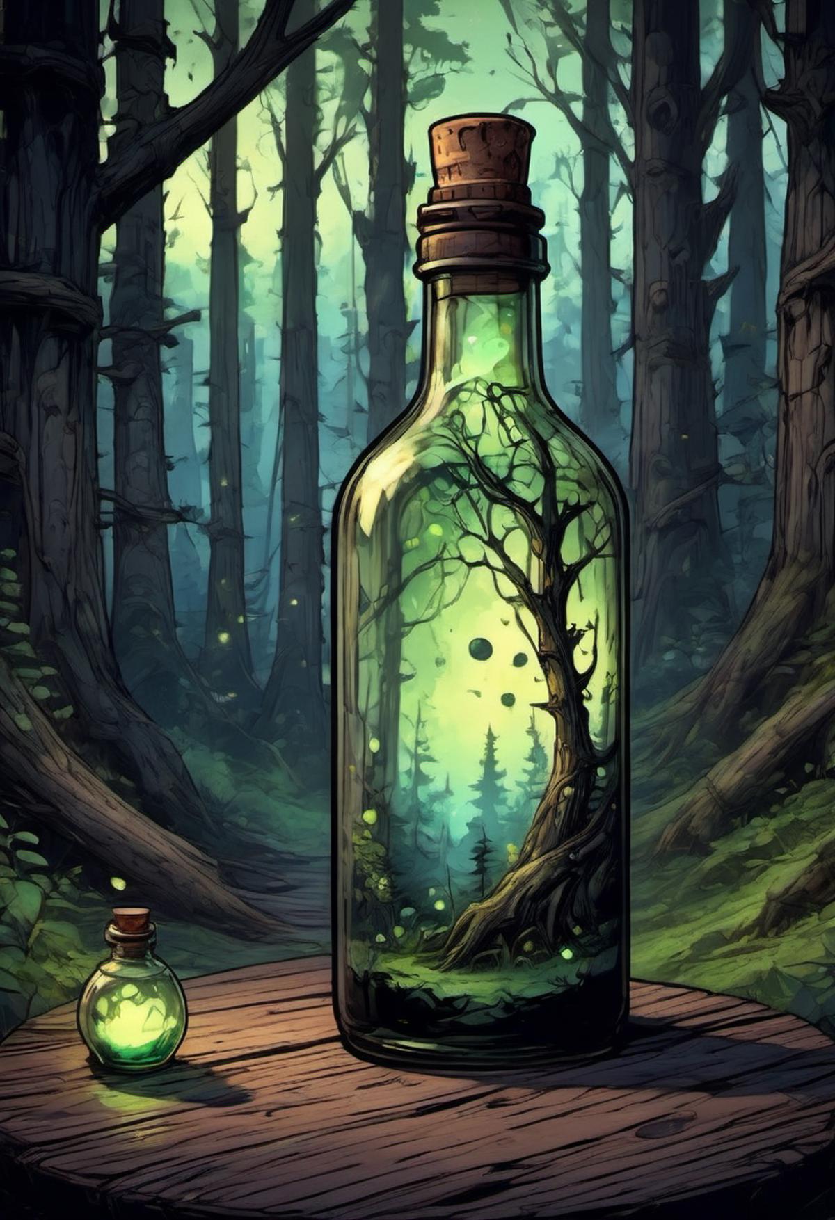 A bottle of green liquid with a tree inside, sitting on a wooden table.