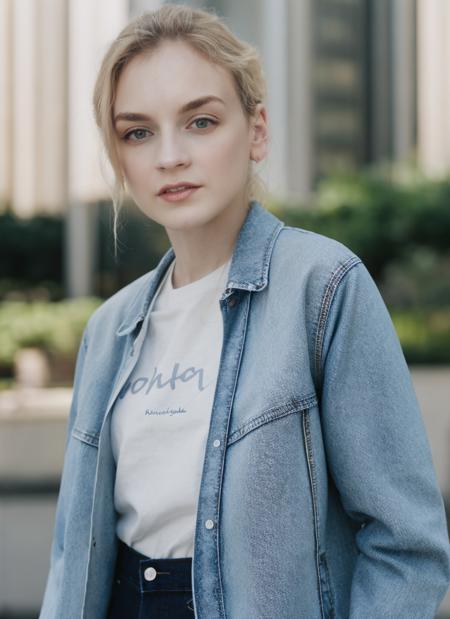 portrait photography, denim jacket, white tee, London background, soft colors, bokeh, (high detailed skin:1.1)
 <lora:emily_kinney_lora_v01:1> 3mk1n1